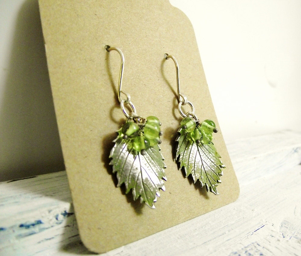 Fine Silver Peridot Earrings Slippery Elm Leaf Metal Clay