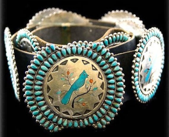 Vintage 1970s Old Pawn Sterling Silver Turquoise Concho Belt Native American Zuni