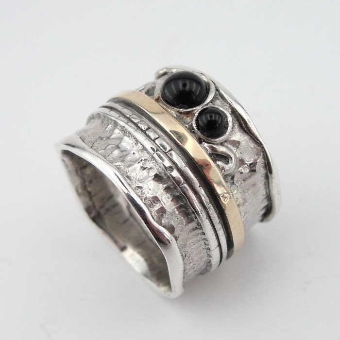 Jewela Art Silver Gold inlaid Onyx band size 8 (s r1306