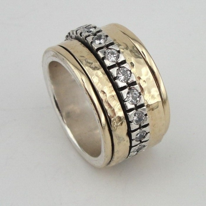 Great 9k Yellow Gold and Sterling Silver CZ Swivel Band Ring size 8