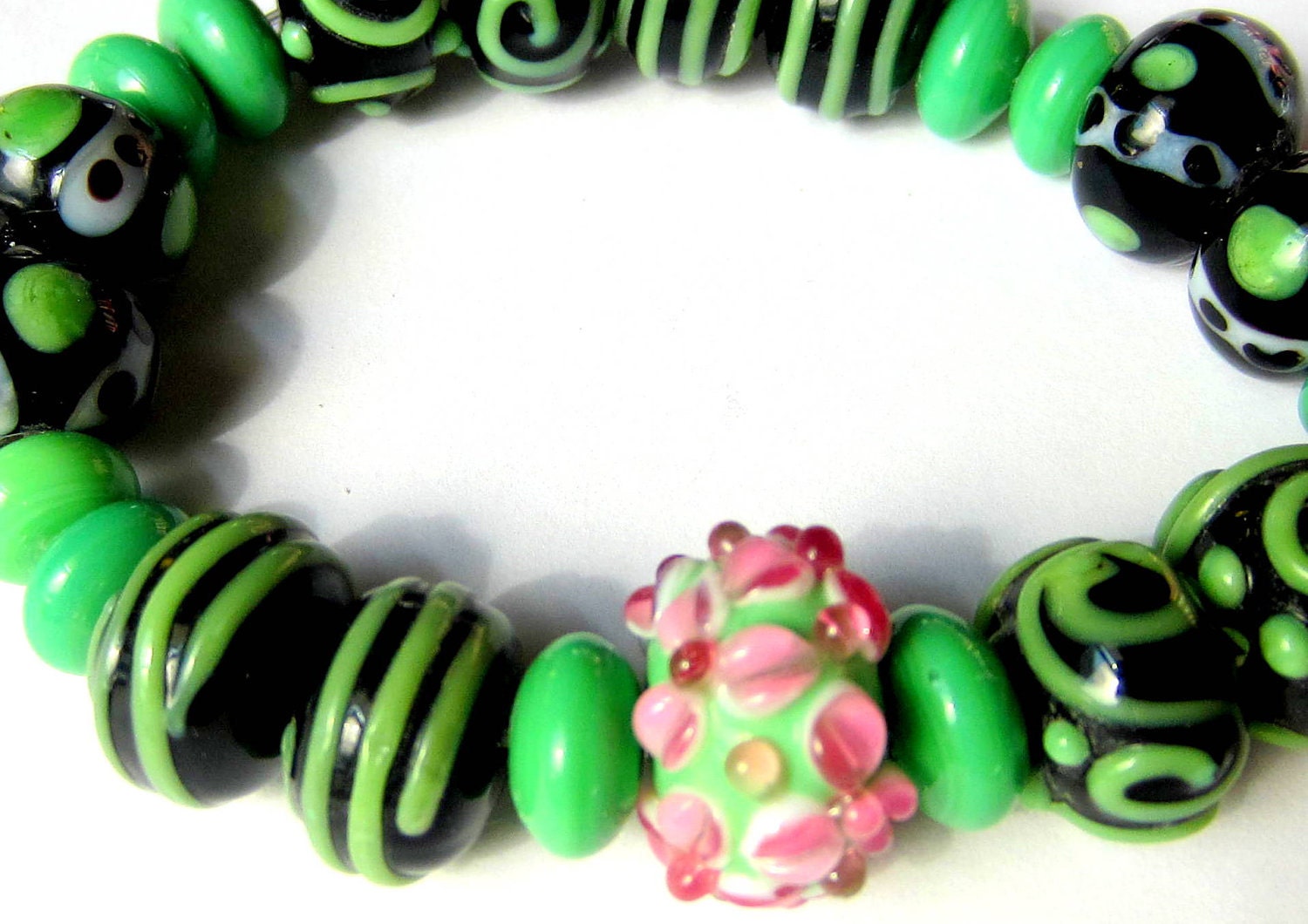 23 Handmade lampwork beads green glass bracelet set strand garden party