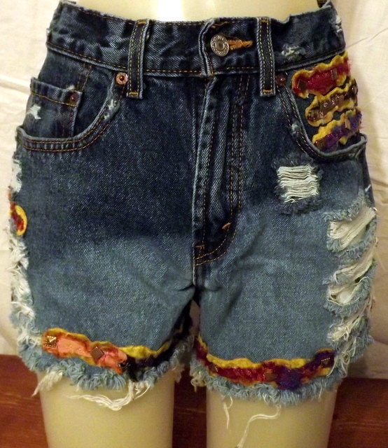 Levi High Waisted Distressed Tattered Denim Shorts-Cut Offs-Ombre-Studded Trim