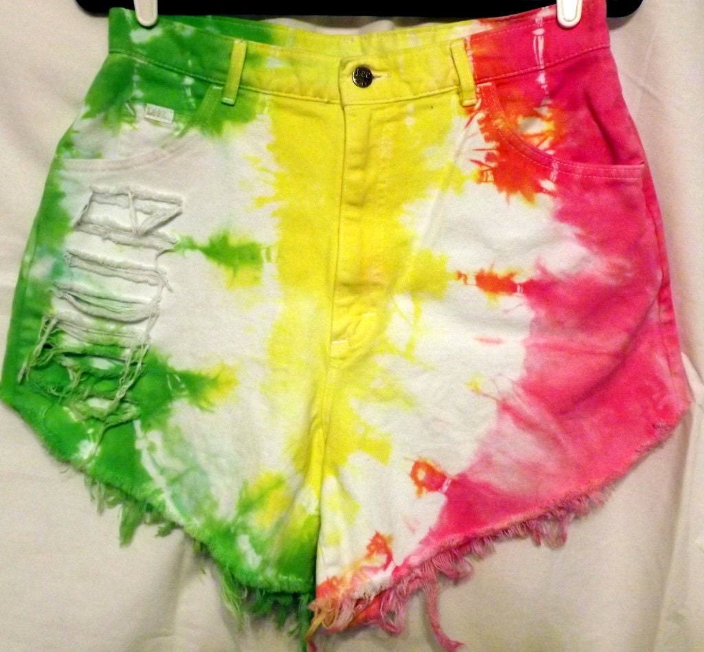 Tie Dyed Rainbow High Waist  32 inch Waist Denim Cut Off Shorts Green Yellow Pink
