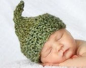 Knit Baby Hat - Spring Knit Kiss Elf Hat for Newborn Baby in Green Acrylic Yarn  Photography Prop