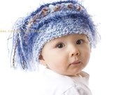Crocheted Jester Hat For 3 to 6 Month Old Baby in Blue and White Yarn with Blue, Brown and White Accents, Photography Prop