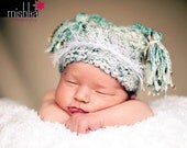 Crocheted Jester Hat For Newborn Infant Baby in Aqua and Tan Accents on Green, Blue and White Yarn, Photography Prop