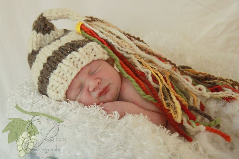 Knit Bulky Brown Tweed and White Hat for Baby with Large Multi Colored Tassel, Photography Prop
