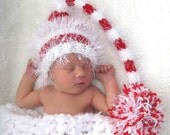 BABY HAT - Knitted Elf Hat for NEWBORN Red and Fuzzy White Stripes, Photography Prop