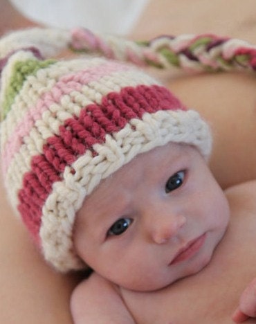 Knit Girl Hat - Stripes of 4 Colors - Pinks, Plum, Green and Ivory with Long Braid, Photography Prop