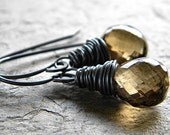 Golden Brown Quartz Earrings, Faceted Toffee Brown Beer Quartz Briolette Oxidized Sterling Silver Earrings - Confection