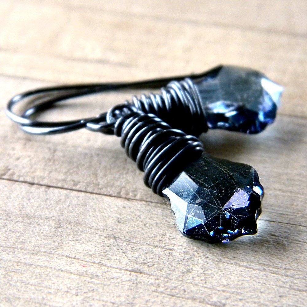 Swarovski Midnight Blue Crystal Briolette Oxidized Sterling Silver Earrings - Cassiopeia
