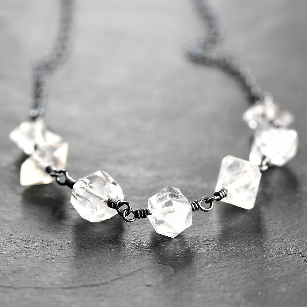 Herkimer Diamond Necklace, Ice Clear Quartz Oxidized Sterling Silver Necklace - In the Rough