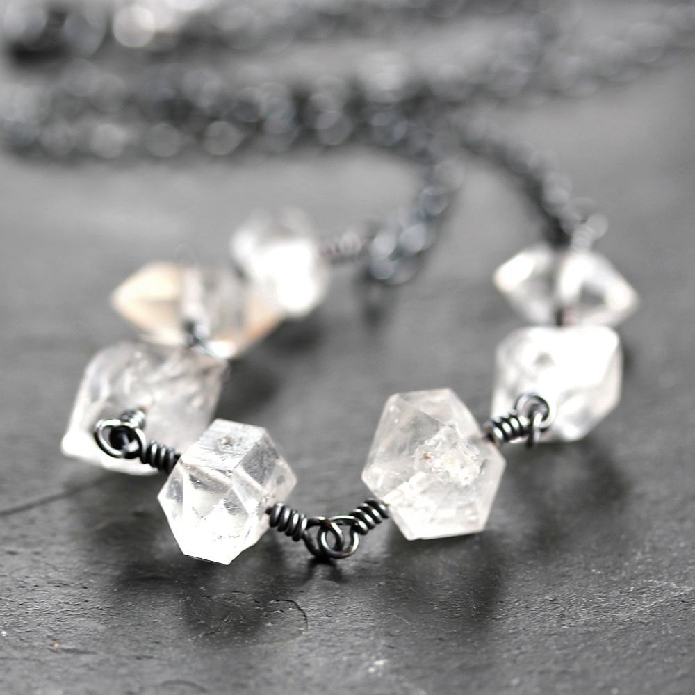 Herkimer Diamond Necklace, Ice Clear Quartz Oxidized Sterling Silver Necklace - In the Rough