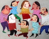 Dancing / print / Grey background / Happy / Sweet people / Friends / Children illustration / Round / Holding each other