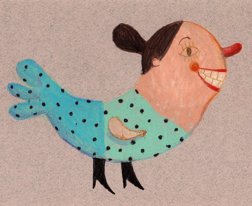 Ms charms / ORIGINAL ILLUSTRATION / Bird lady / Funny tail / Beige background / Smiling / happy / Funny shoes / Charm