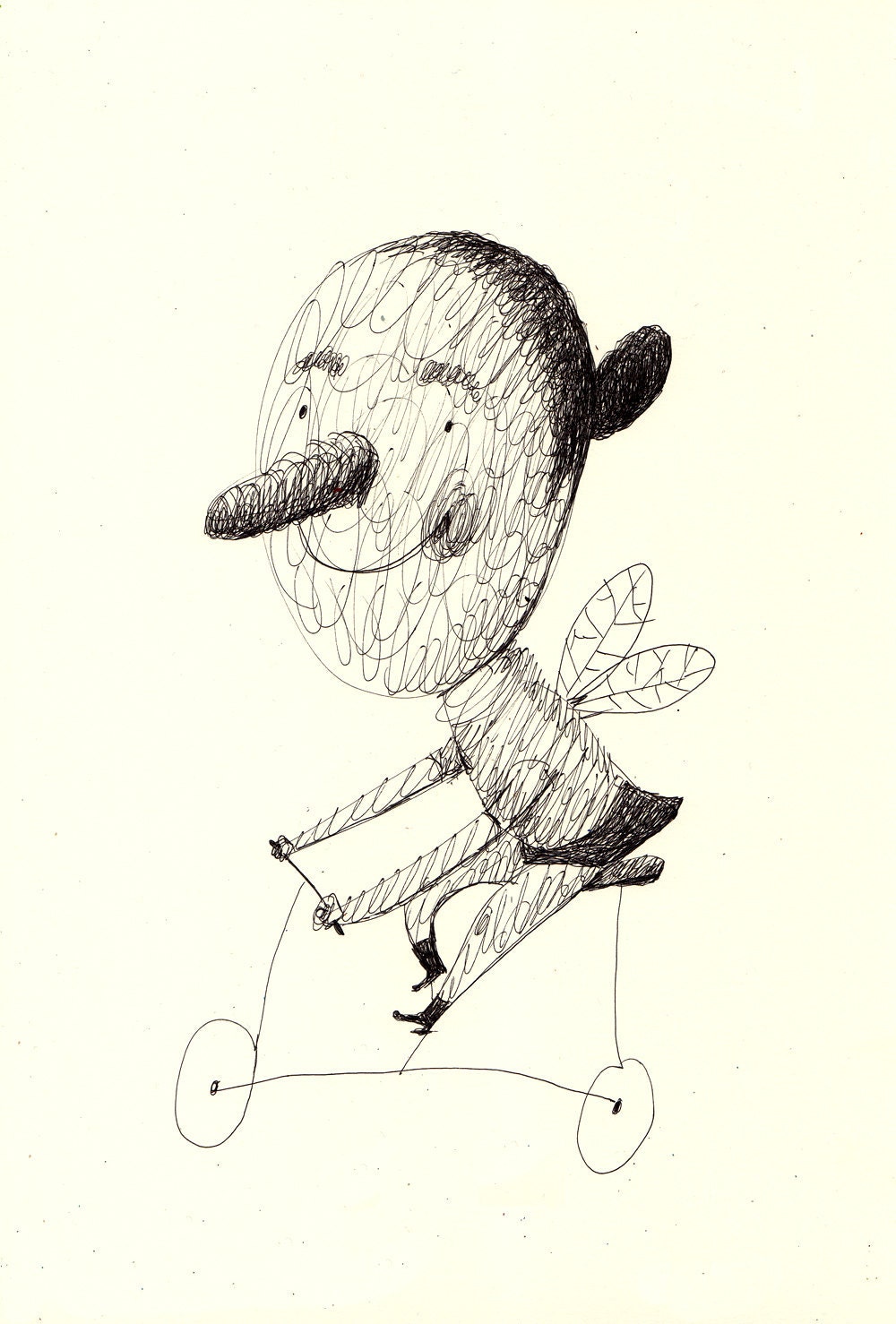 Insect girl / ORIGINAL ILLUSTRATION / Black and white /  Home decor / Children illustration / Scribble / Girl with wings / Bicycles