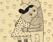 LOVE you / ORIGINAL ILLUSTRATION / Yellow back ground / Hearts / holding each other /  pure love