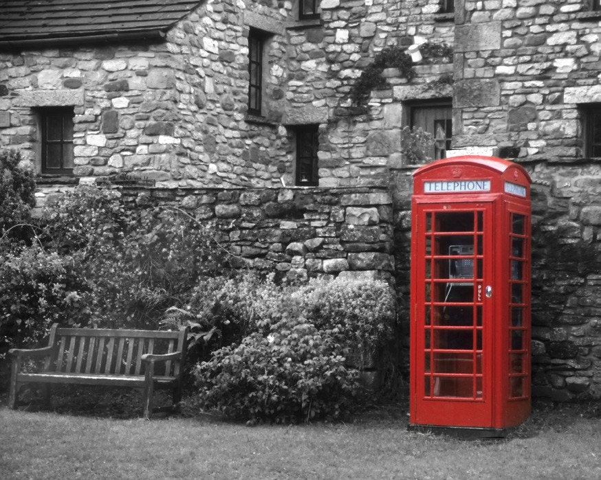 Red British Phone Booth England photography black and white old-fashioned english stone wall retro vintage london ireland - eng0001a