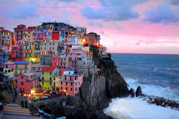 Cinque Terre photograph - Manarola photo Italy Italian sunset coast ocean Mediterranean colorful village breaking waves -- ita0009