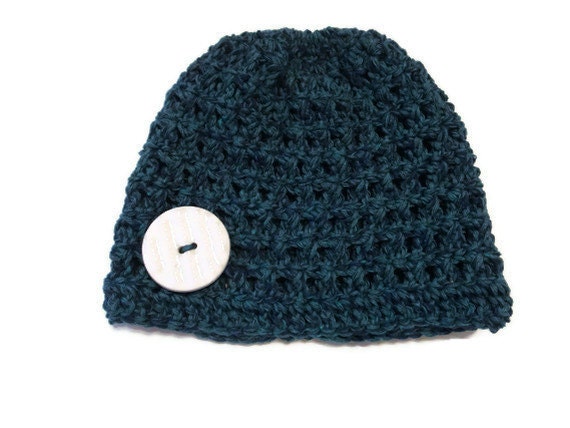 Baby Hat 0-6 months Crochet Blue Recycle Cotton Ceramic Button