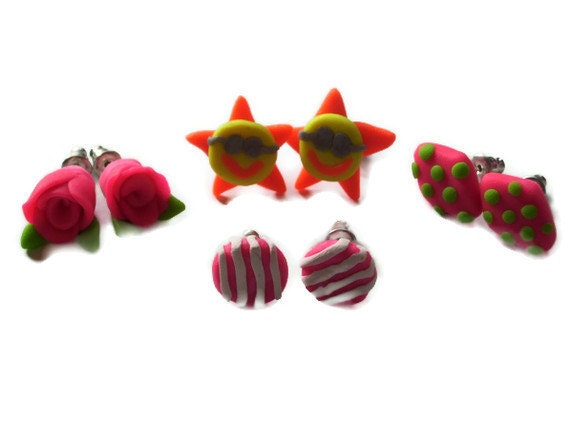 Pink Rose Clay Earrings