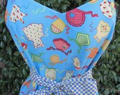 Handmade apron patterned apron in blue with blue and pale yellow checks