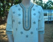 1960's long white muslin dress/tunic w/crocheted edges and appliques - size S- M