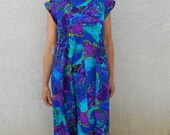 1960's-70's Cotton Hawaiian Maxidress w/Blue/Purple/Green Psychedelic Print - Size M-L