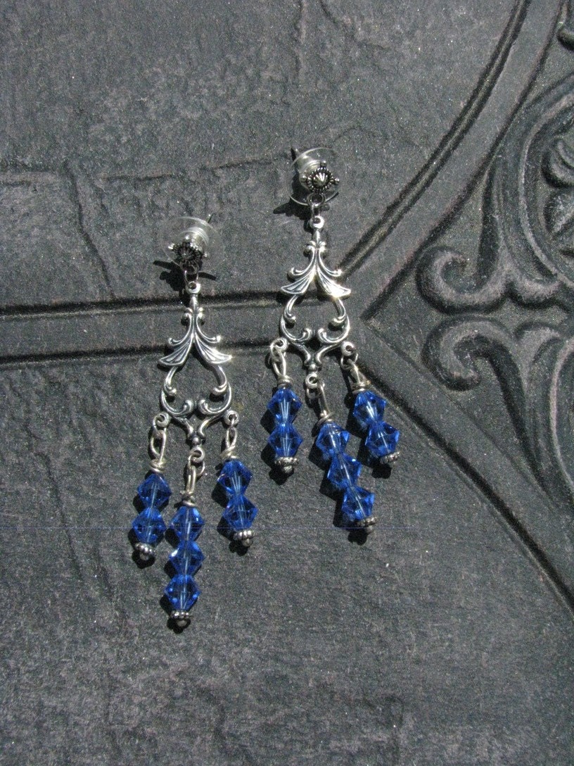 Beneath the Sapphire Moon, Chandelier Sapphire Swarovski Crystal Beaded Earrings by LauriJon Stardust Steampunk(TM)