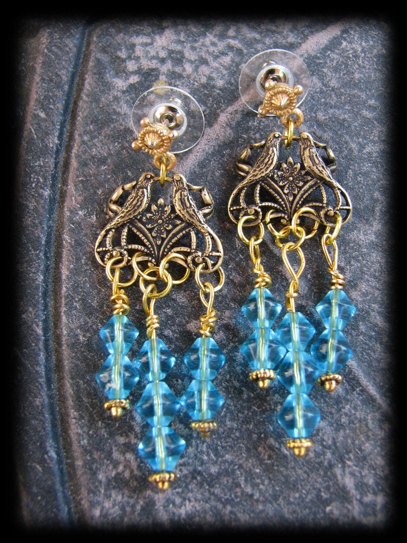 Stunning Capri Blue Swarovski Crystal Beaded Love Bird Chandelier Earrings by Lauri Jon Stardust Steampunk(TM)