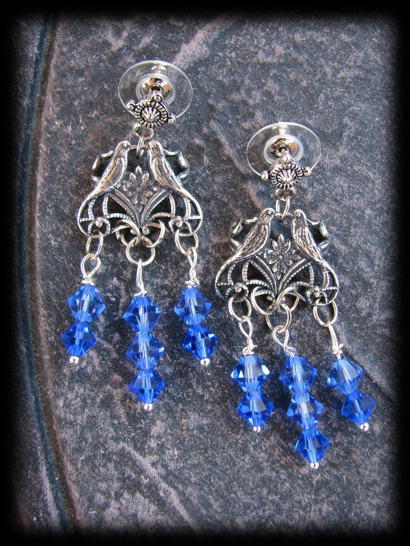 Stunning Sapphire Blue Swarovski Crystal Beaded Love Bird Chandelier Earrings by Lauri Jon Stardust Steampunk(TM)