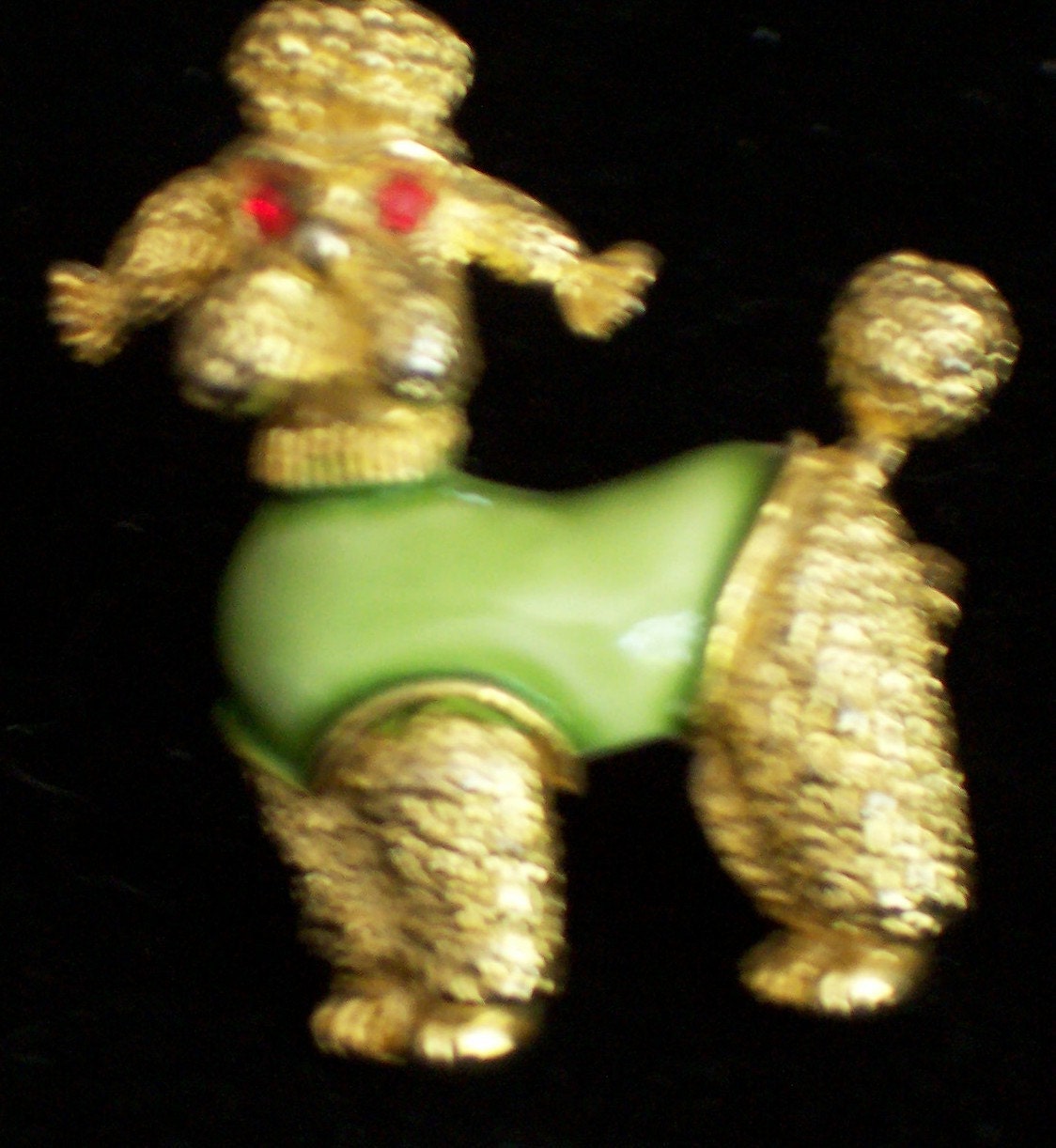 French Poodle VINTAGE BROOCH  from the FIFTIES - Perfect Goldtone Doggie with Pale Green Coat and Bright Red  Eyes