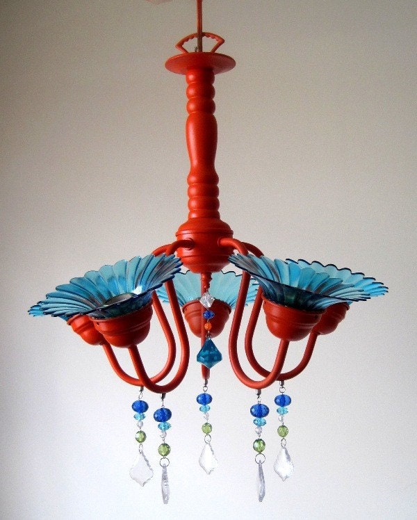 Sale Orange and Aqua Custom 5 arm chandelier MADE TO ORDER