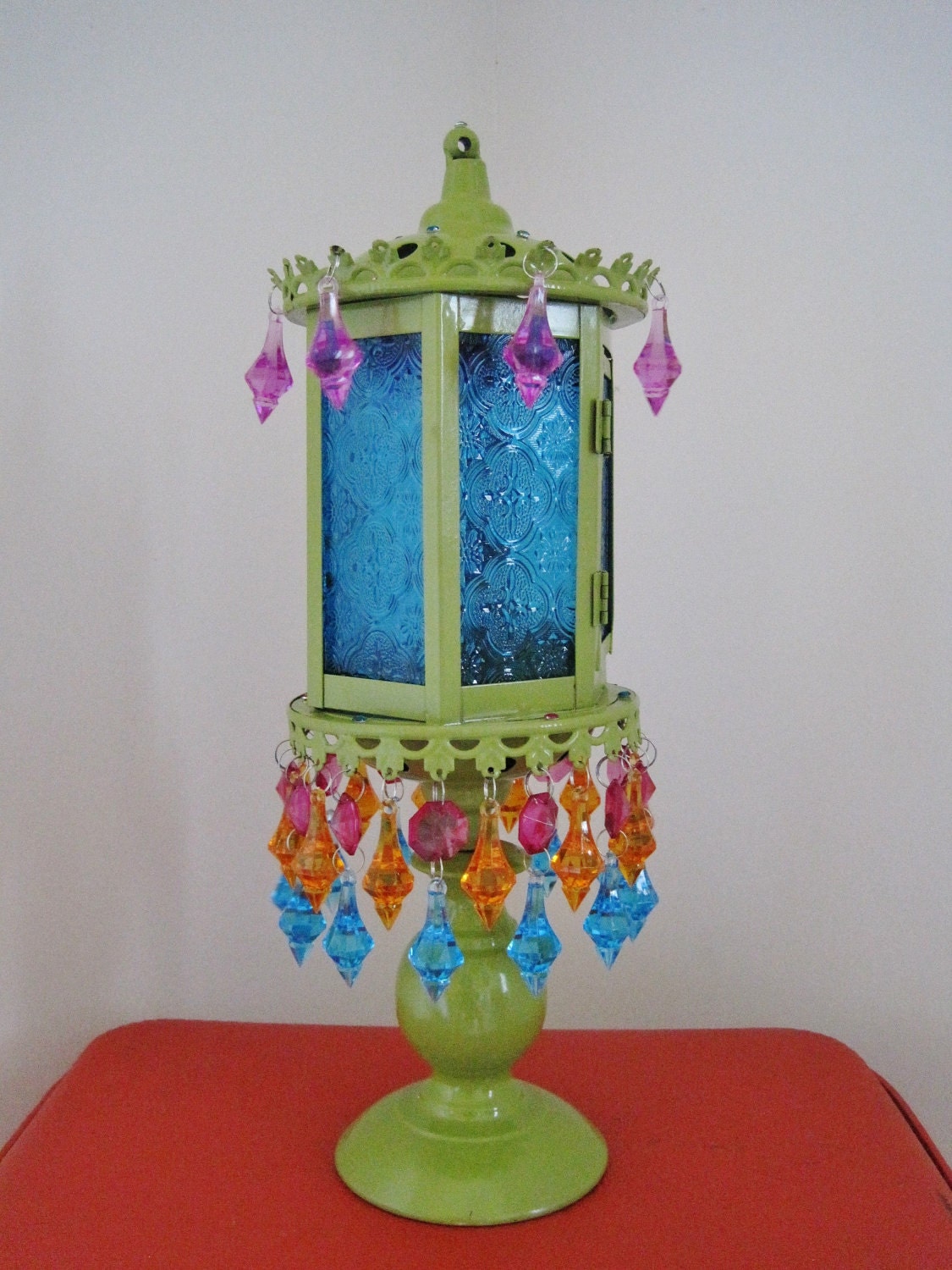 The Gypsy Tent Aqua Glass Candle Holder Pedestal Lantern MADE TO ORDER