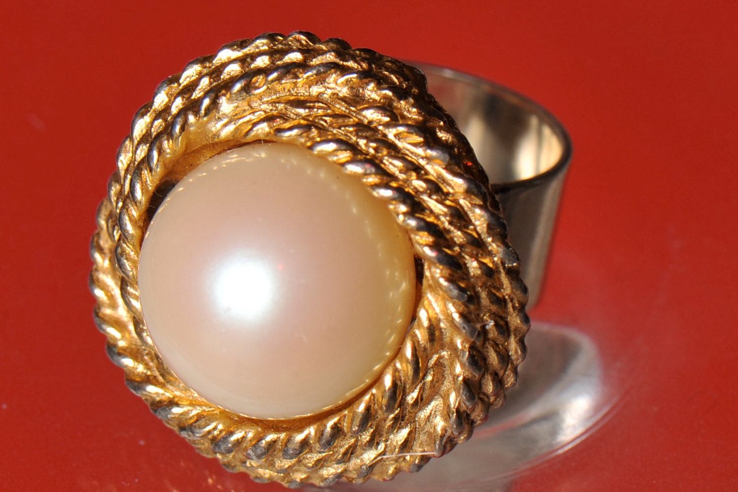 Cocktail ring. Pearl. Repurposed Vintage. Adjustable. Gold ropes.