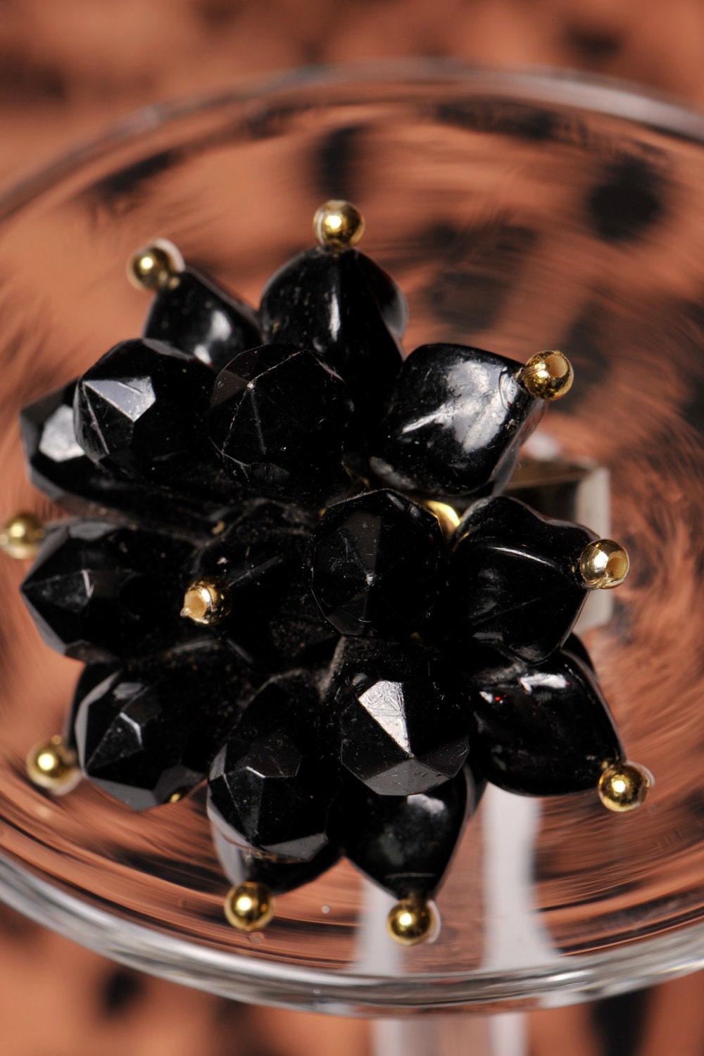 Statement ring. Beads. Black. Repurposed Vintage. Adjustable.