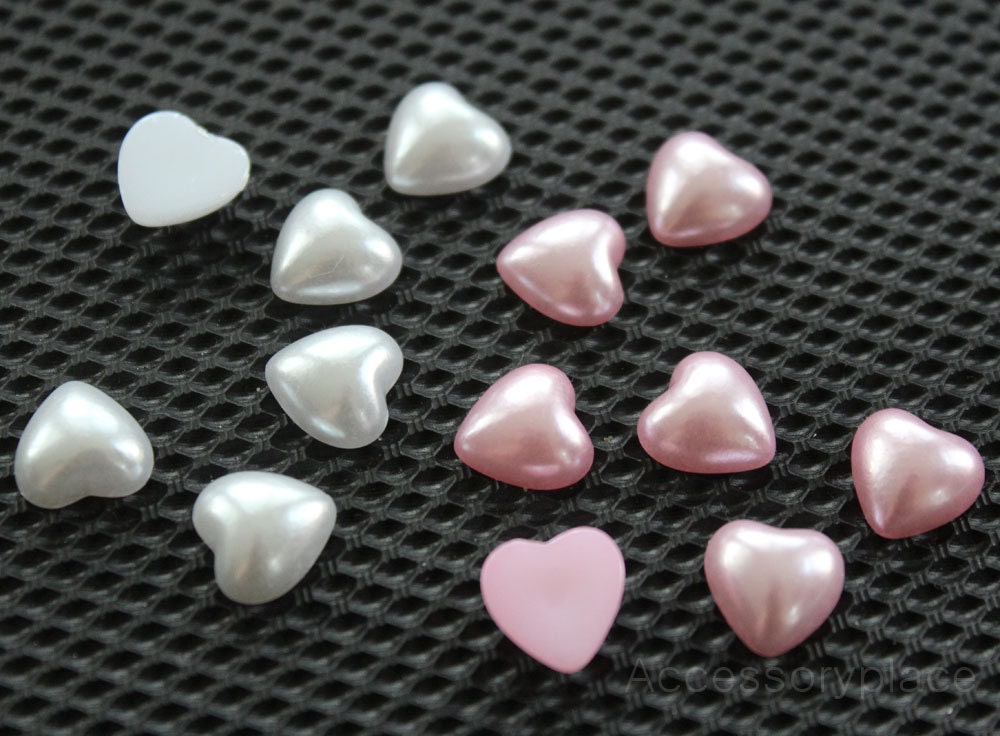 10mm Plastic Half Faux Pearl Heart Flatback Cabochon in White, Pink ..50pcs for Accessories, Scrapbooking, Jewelry, Clothing, Stationary