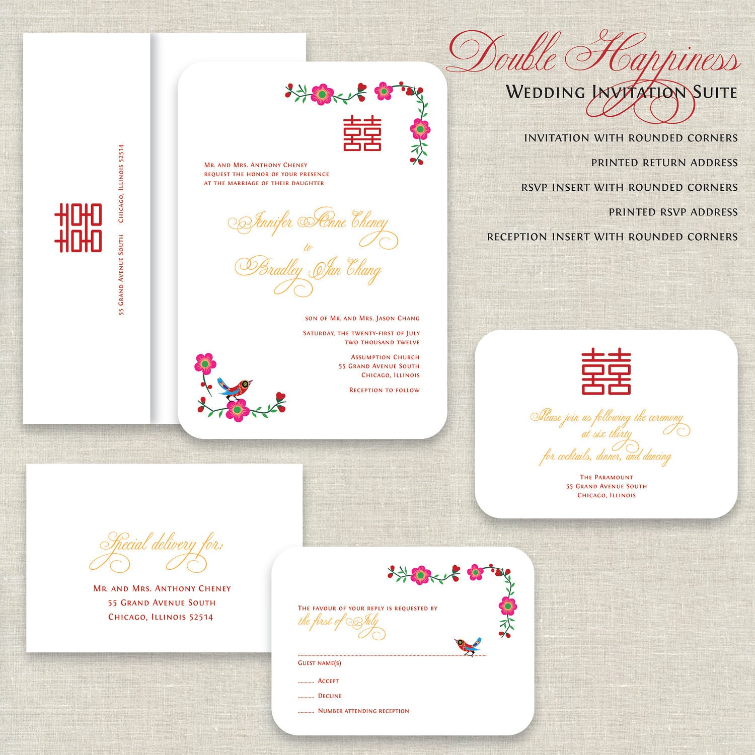 Chinese Wedding Invitations, Double Happiness Wedding Invitation, Wedding Invites, Asian, Tea Ceremony, Red & Gold, Traditional, Bird Il_170x135