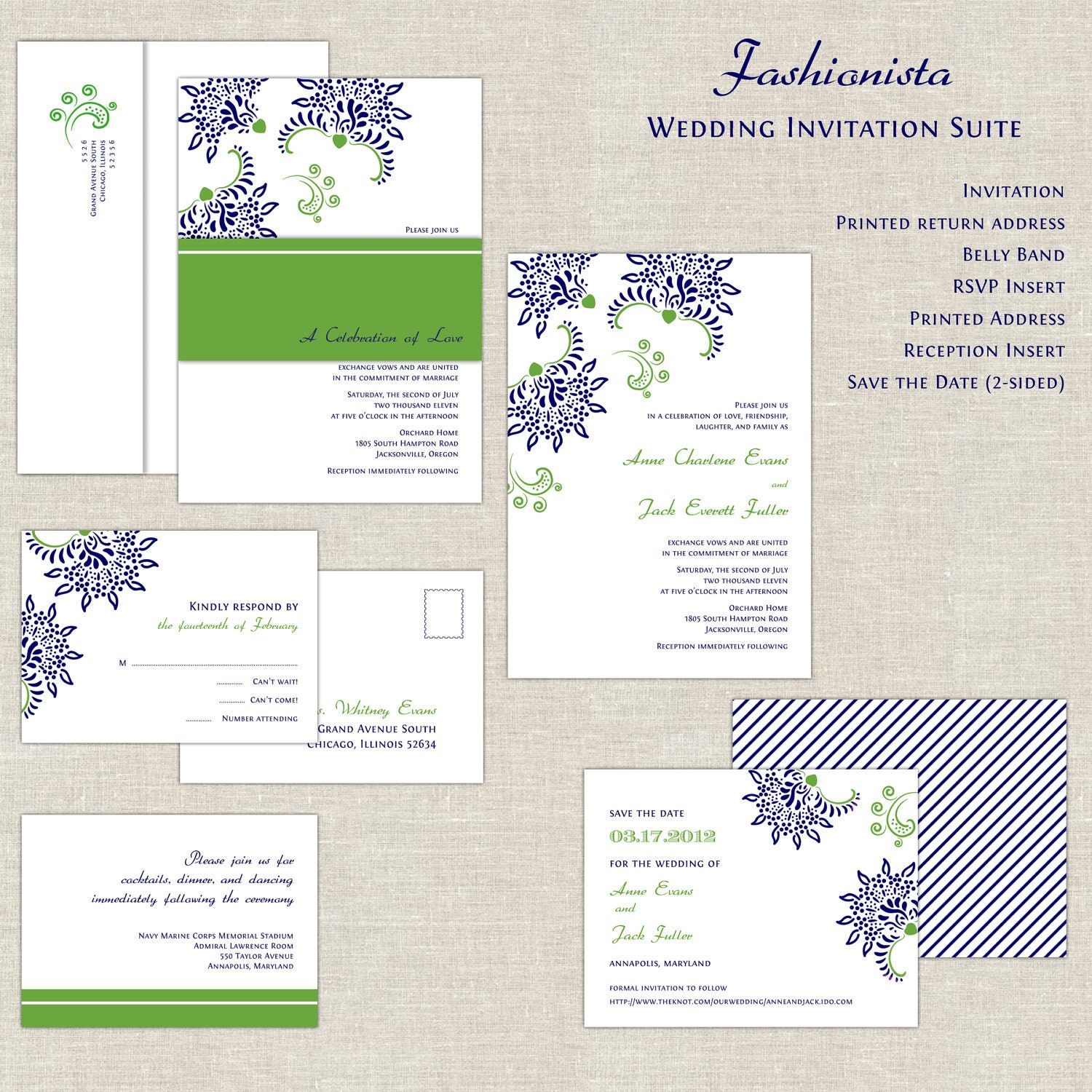 Navy Blue & Kelly Green Wedding Invitations, Bold Wedding Invitation, Wedding Invites, Modern Flowers, Paisley, St. Patrick's Day, Irish Il_170x135