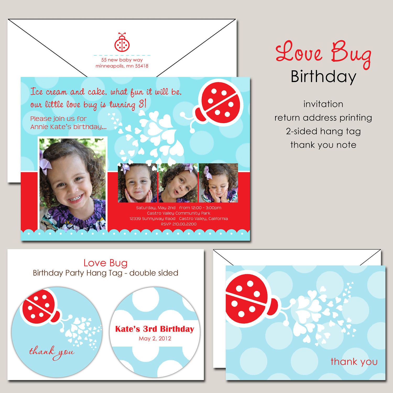 Love Bug Aqua and Red Birthday Party Invitation with photos images pictures Il_570xn