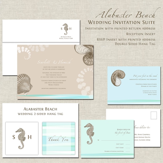 Beach Wedding Invitations, Ocean Wedding Invitation, Destination, Blue, Aqua, Turquoise, Sea Shells, Sea Horse, Modern Logo Monogram Il_570xn