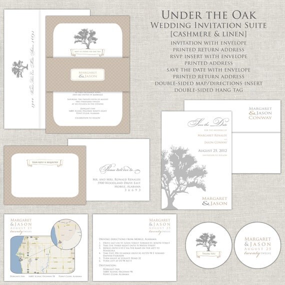 Oak Tree Wedding Invitation, Fall Wedding Invitations, Wedding Invites, Gray, Khaki, Belly Band, Modern Logo Monogram, Calligraphy Script Il_570xn