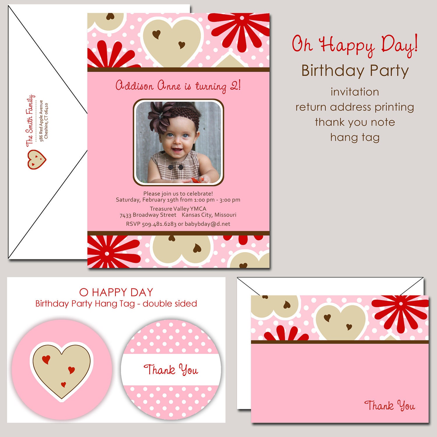 O Happy Day Photo Birthday Invitation with hearts and flowers in pink and red Il_570xn