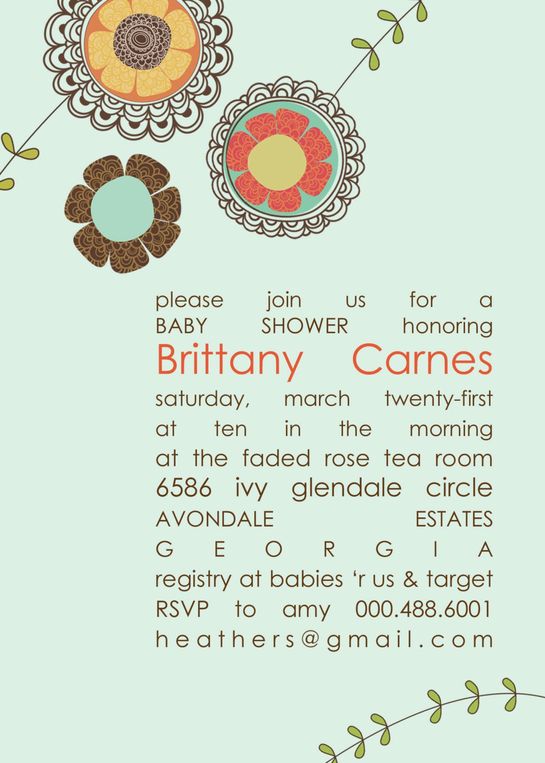 Soho Aloe Baby Shower Invitation Doodle Flowers Aloe Vera Green Il_570xn