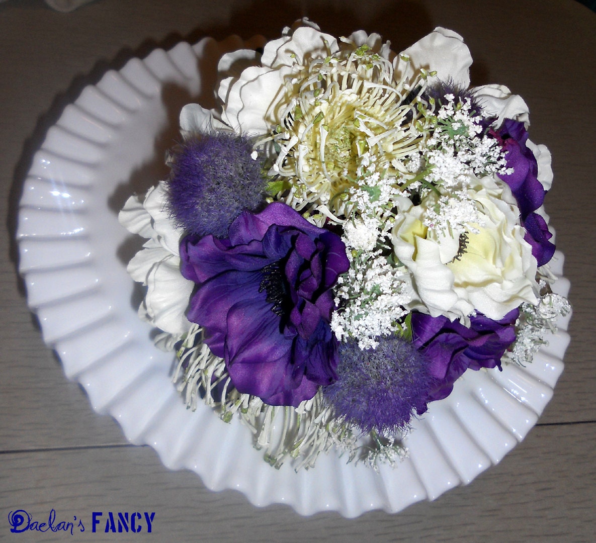 SUPER SALE. Purple and White Anemone Wedding Bouquet and Buttonhole