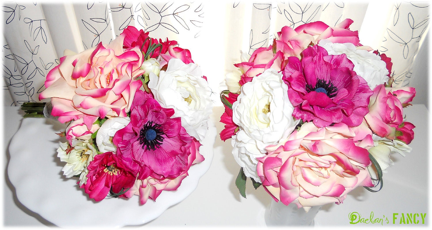 SUPER SALE. Cream and Fuchsia Garden Rose, Anemone, Cosmos, and Ranunculus Bouquets