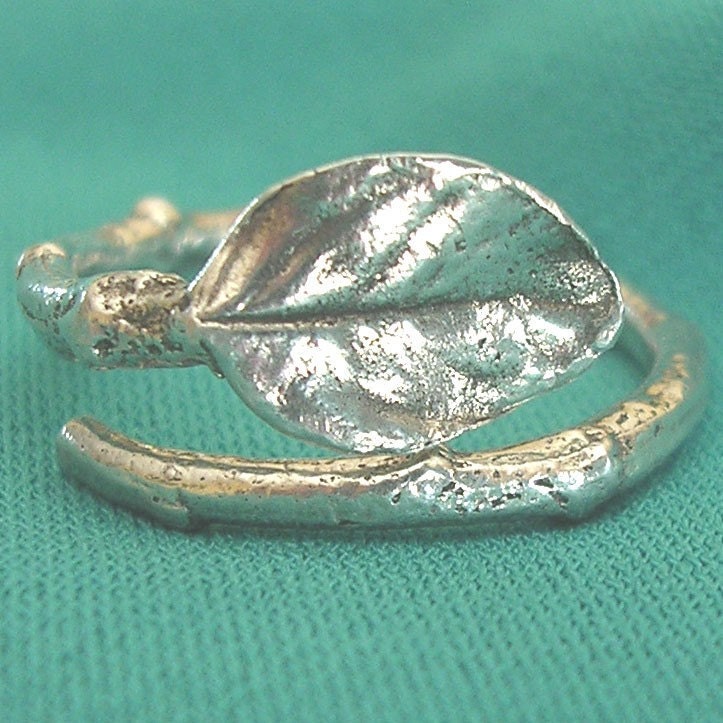 silver leaf ring size 7 natural rose leaf and twig ring