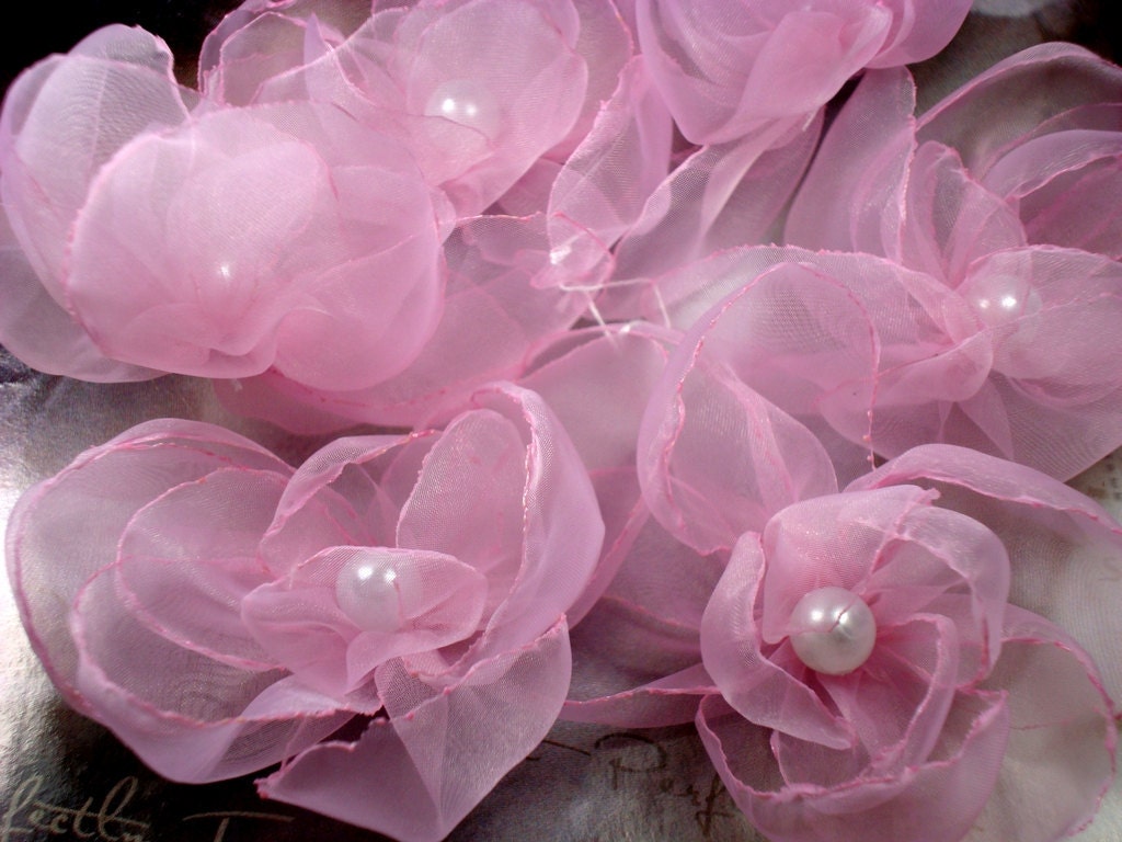 6 pieces handmade baby pink organza  sweety flowers with white pearls.