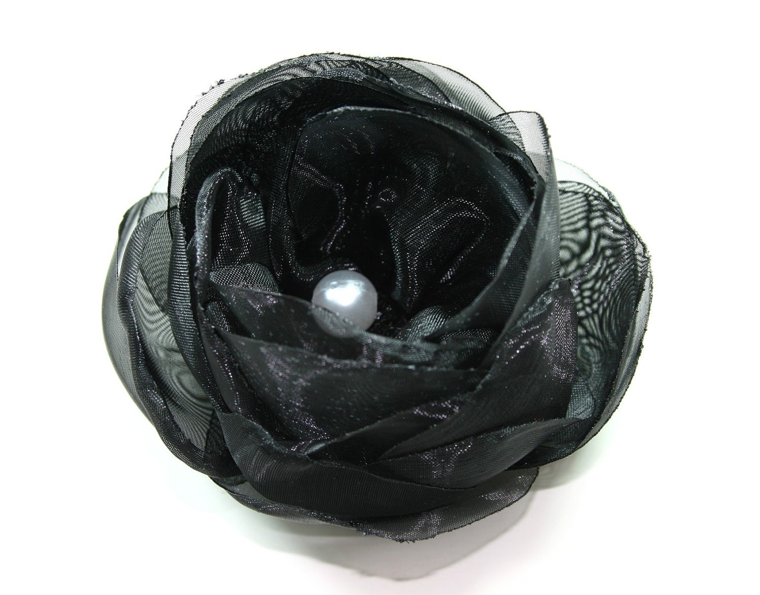 6 pieces Black organza flowers with white pearls