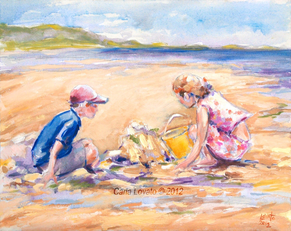 Oil Painting Original  Ocean art Siletz Bay Oregon Landscape Beach Children Bucket Sand Castle  Children at play Woman Mother Family Art